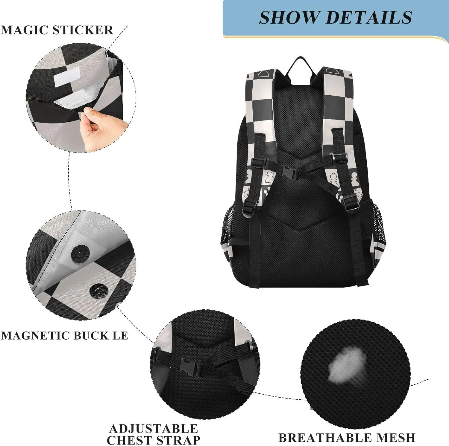 Black White Chess Board Backpacks with Chest Strap for Teens Women Men, Chess Pieces Large Book Bags Lightweight Laptop Computer Bags Travel Casual Daypacks for College Work Business 18 Inch