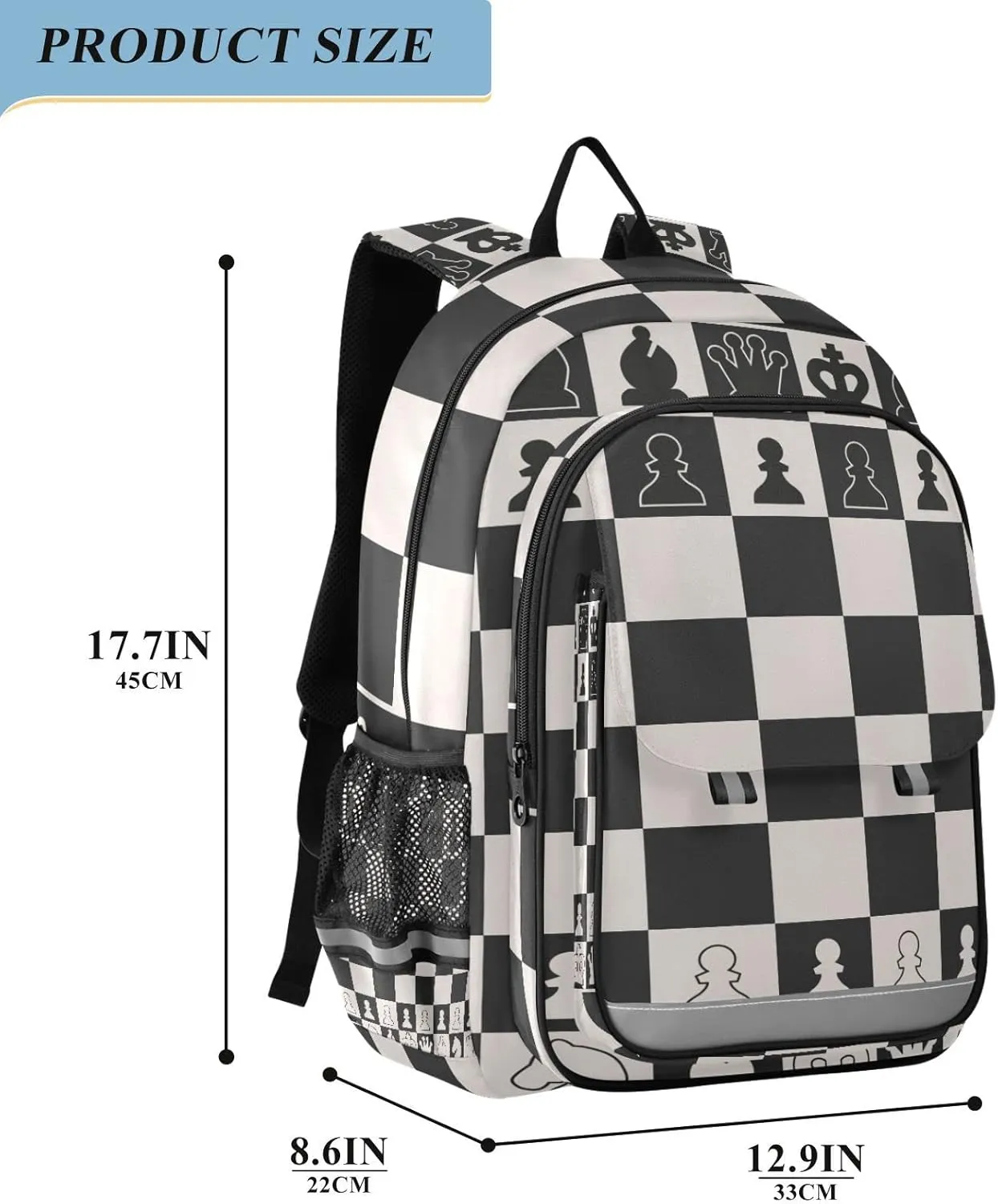 Black White Chess Board Backpacks with Chest Strap for Teens Women Men, Chess Pieces Large Book Bags Lightweight Laptop Computer Bags Travel Casual Daypacks for College Work Business 18 Inch