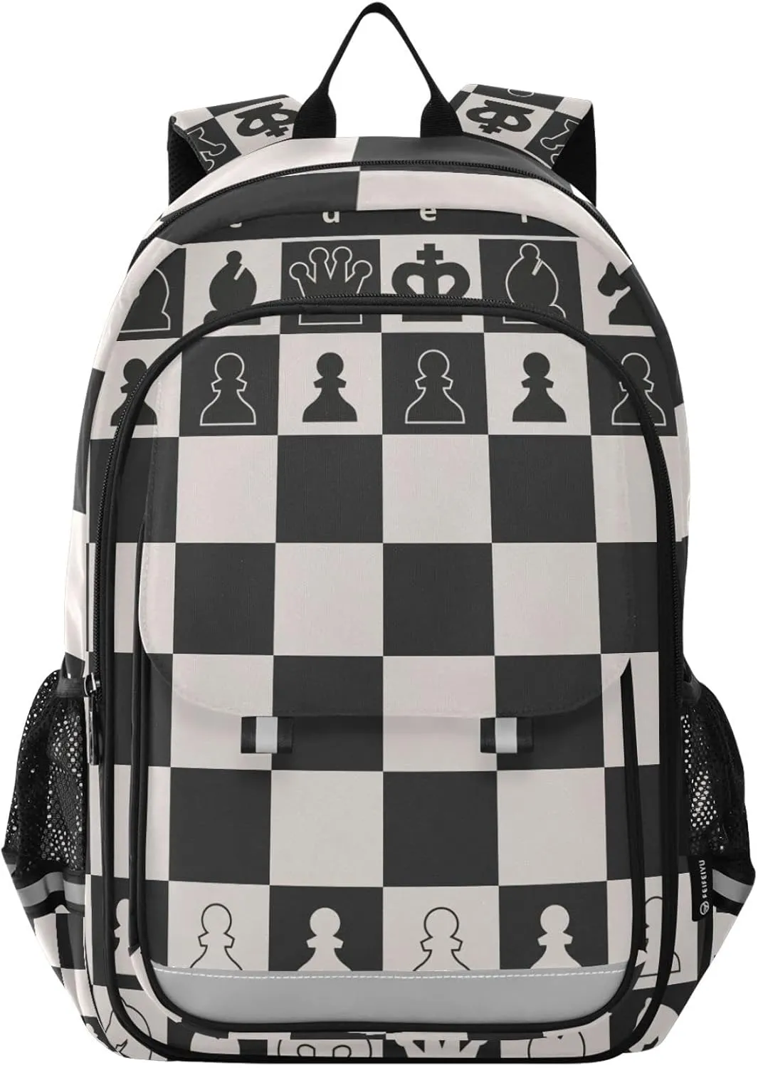 Black White Chess Board Backpacks with Chest Strap for Teens Women Men, Chess Pieces Large Book Bags Lightweight Laptop Computer Bags Travel Casual Daypacks for College Work Business 18 Inch