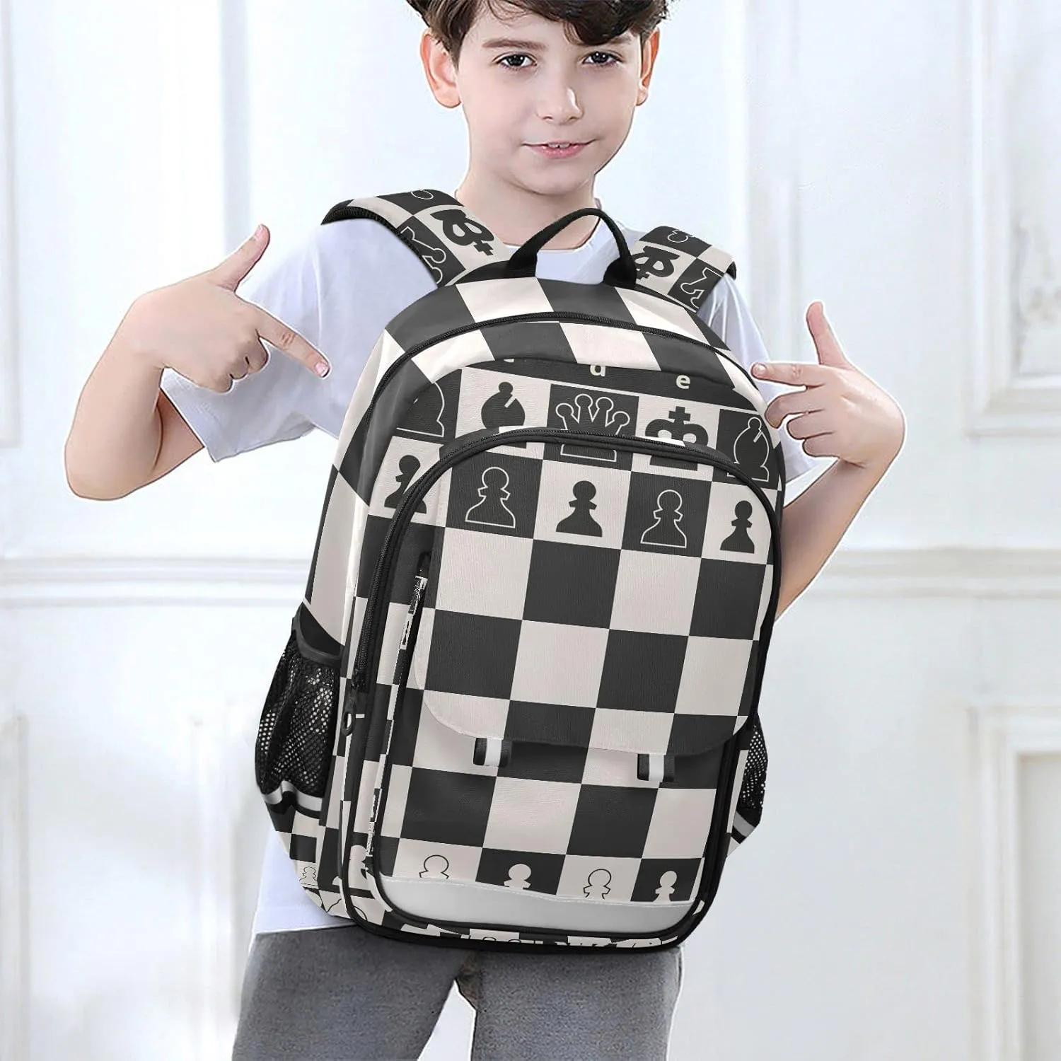 Black White Chess Board Backpacks with Chest Strap for Teens Women Men, Chess Pieces Large Book Bags Lightweight Laptop Computer Bags Travel Casual Daypacks for College Work Business 18 Inch