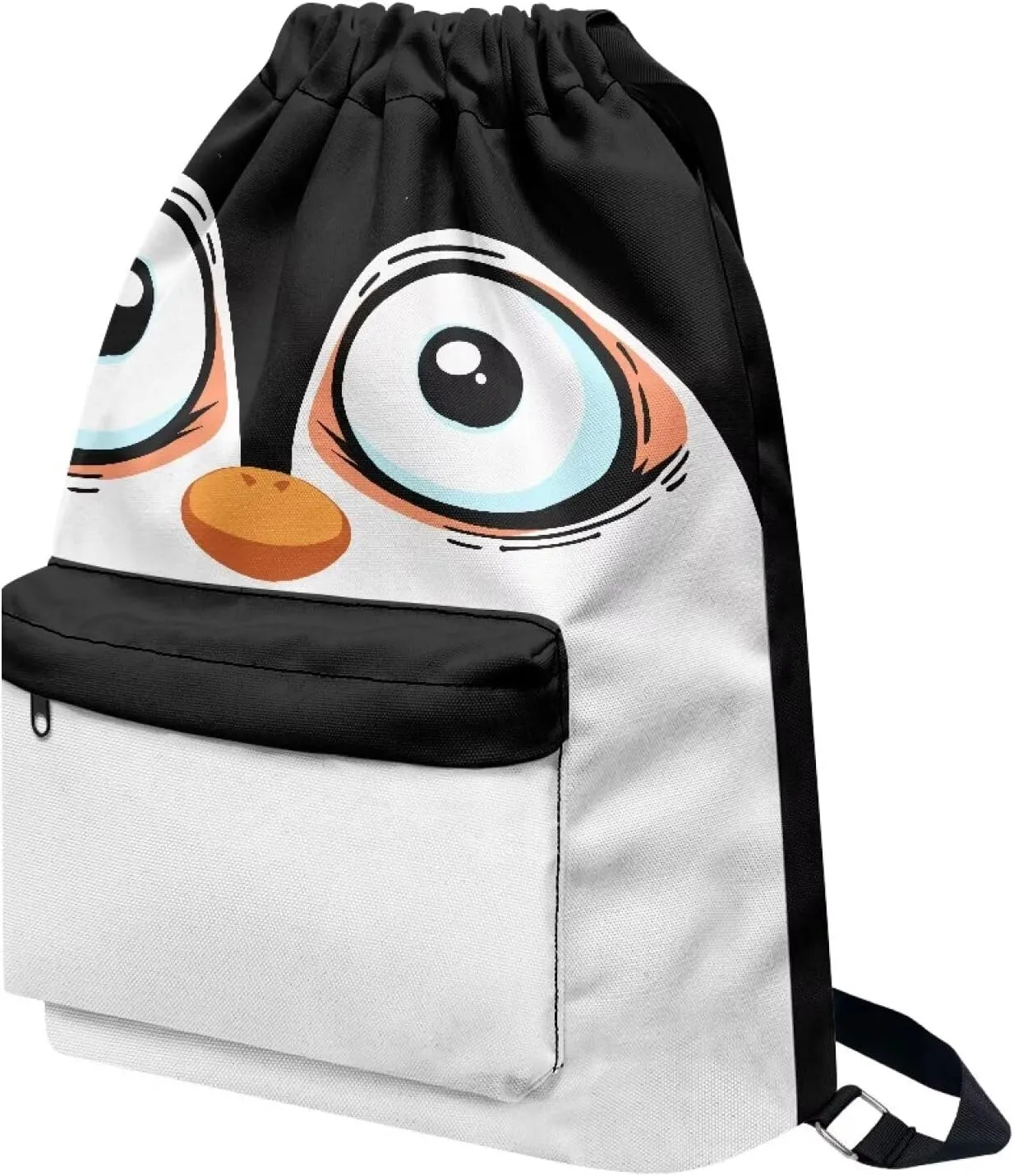 Black White Penguin Drawstring Backpack for Men & Women, Light Foldable String Bag Canvas Gym Sport Traveling Sackpack Cinch