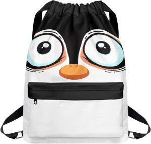 Black White Penguin Drawstring Backpack for Men & Women, Light Foldable String Bag Canvas Gym Sport Traveling Sackpack Cinch