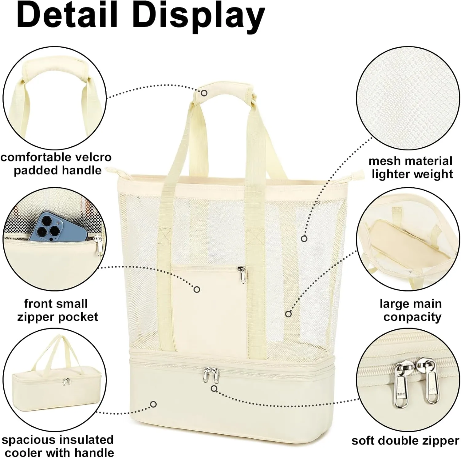Bluboon Mesh Beach Tote Bag with Cooler Compartment Insulated Detachable Picnic Bag with Zipper and Pocket Pool Bag for Women