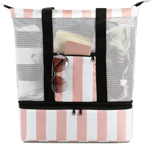 Bluboon Mesh Beach Tote Bag with Cooler Compartment Insulated Detachable Picnic Bag with Zipper and Pocket Pool Bag for Women