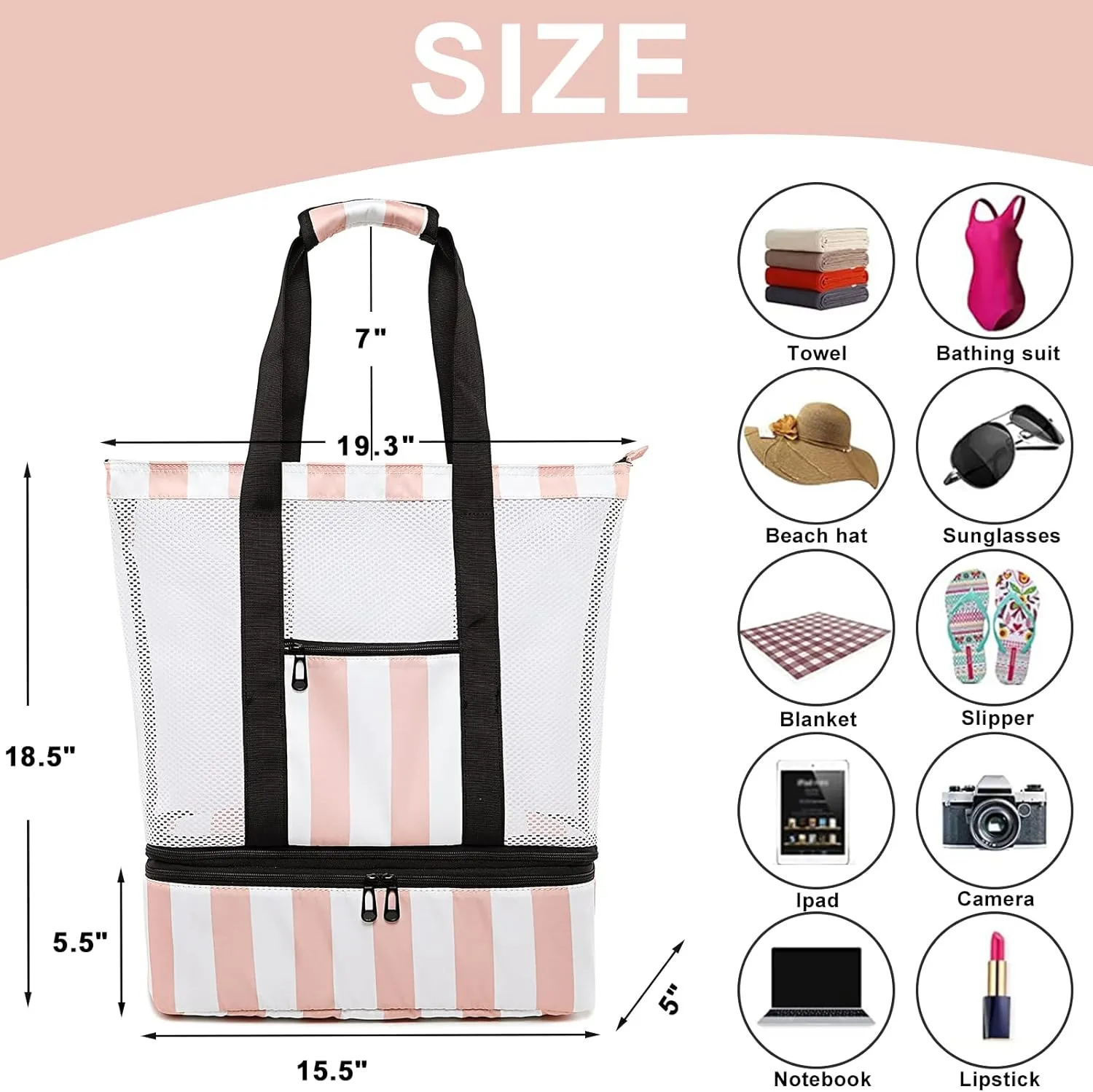 Bluboon Mesh Beach Tote Bag with Cooler Compartment Insulated Detachable Picnic Bag with Zipper and Pocket Pool Bag for Women