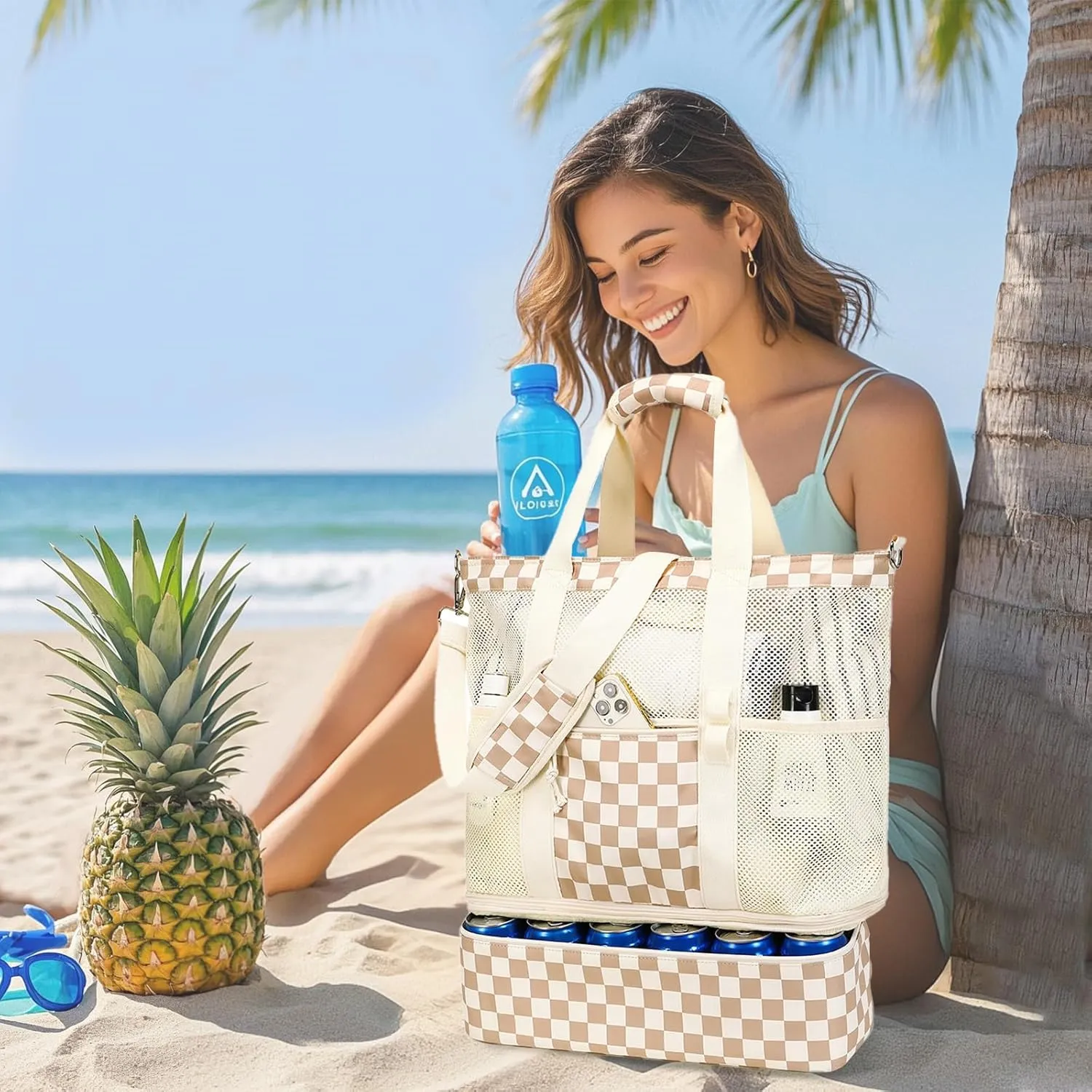 Bluboon Mesh Beach Tote Bag with Cooler Compartment Insulated Detachable Picnic Bag with Zipper and Pocket Pool Bag for Women