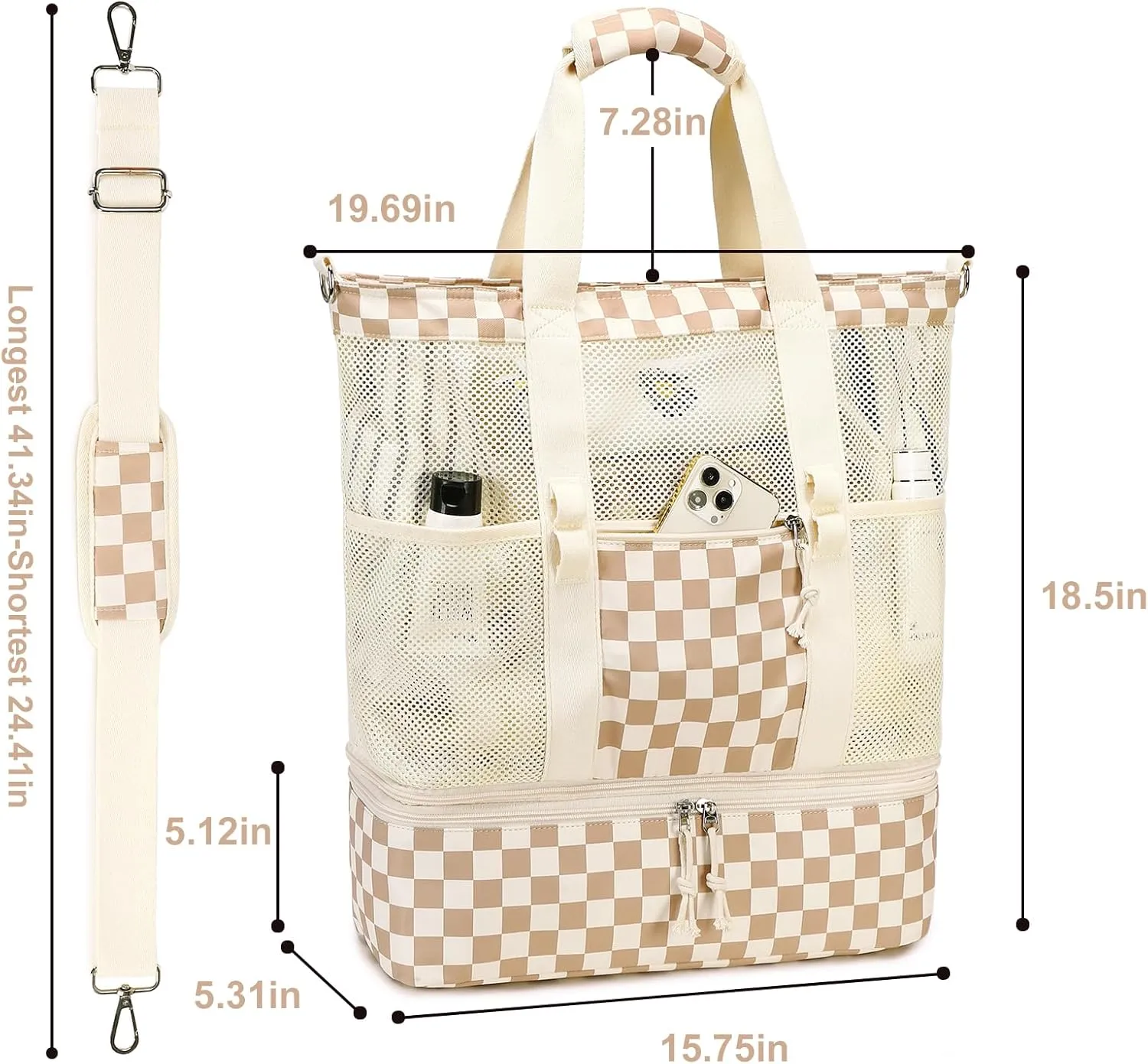 Bluboon Mesh Beach Tote Bag with Cooler Compartment Insulated Detachable Picnic Bag with Zipper and Pocket Pool Bag for Women