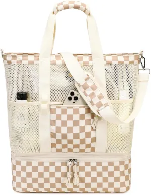 Bluboon Mesh Beach Tote Bag with Cooler Compartment Insulated Detachable Picnic Bag with Zipper and Pocket Pool Bag for Women