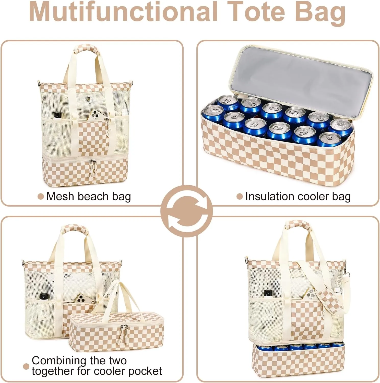 Bluboon Mesh Beach Tote Bag with Cooler Compartment Insulated Detachable Picnic Bag with Zipper and Pocket Pool Bag for Women