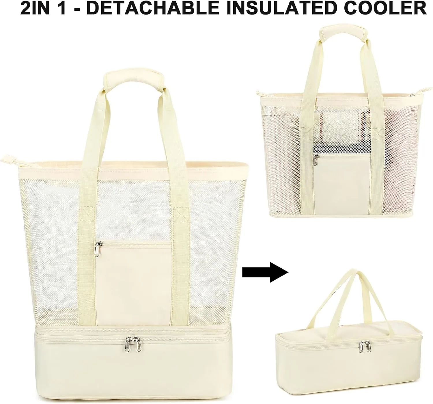 Bluboon Mesh Beach Tote Bag with Cooler Compartment Insulated Detachable Picnic Bag with Zipper and Pocket Pool Bag for Women