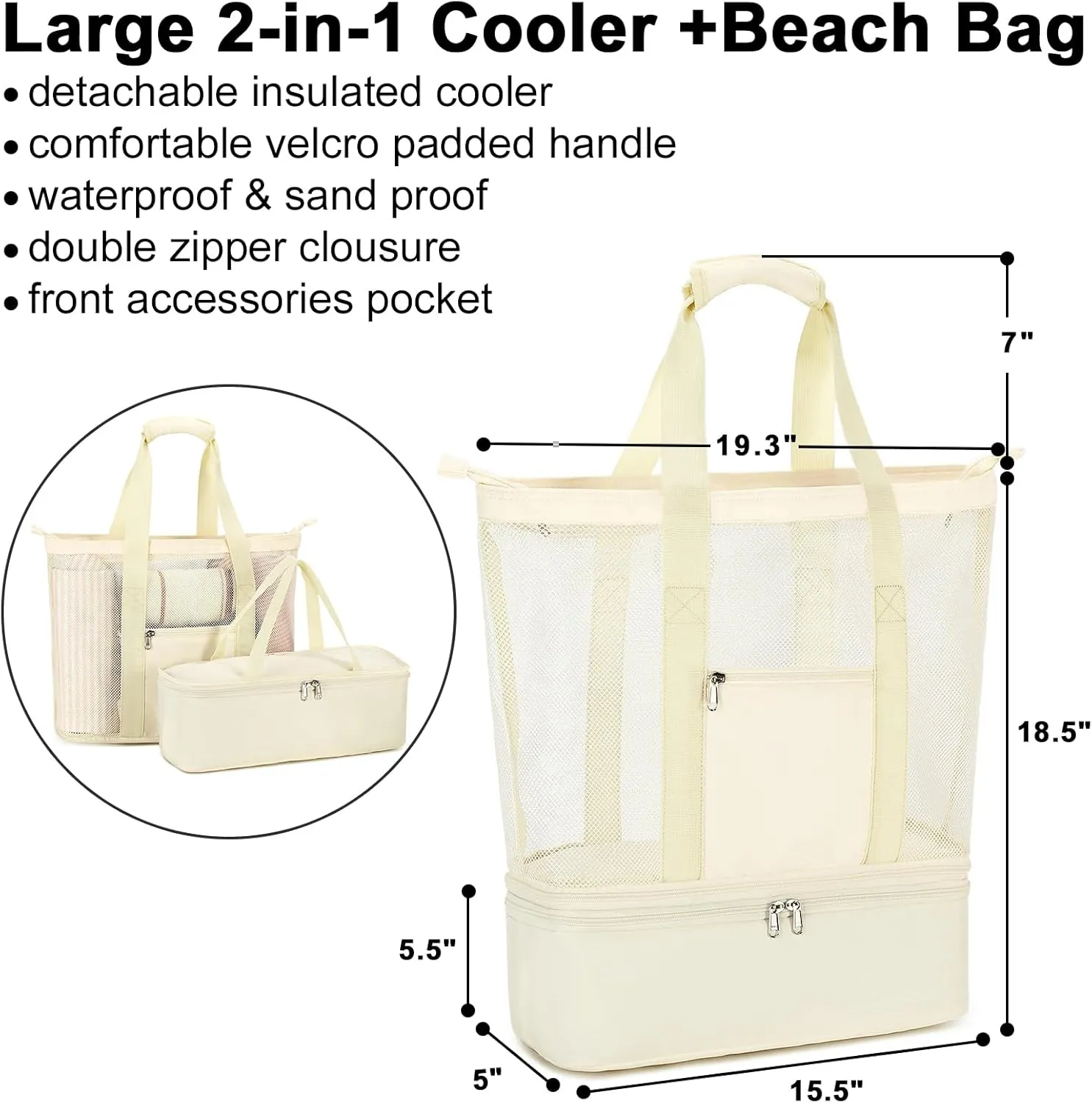 Bluboon Mesh Beach Tote Bag with Cooler Compartment Insulated Detachable Picnic Bag with Zipper and Pocket Pool Bag for Women
