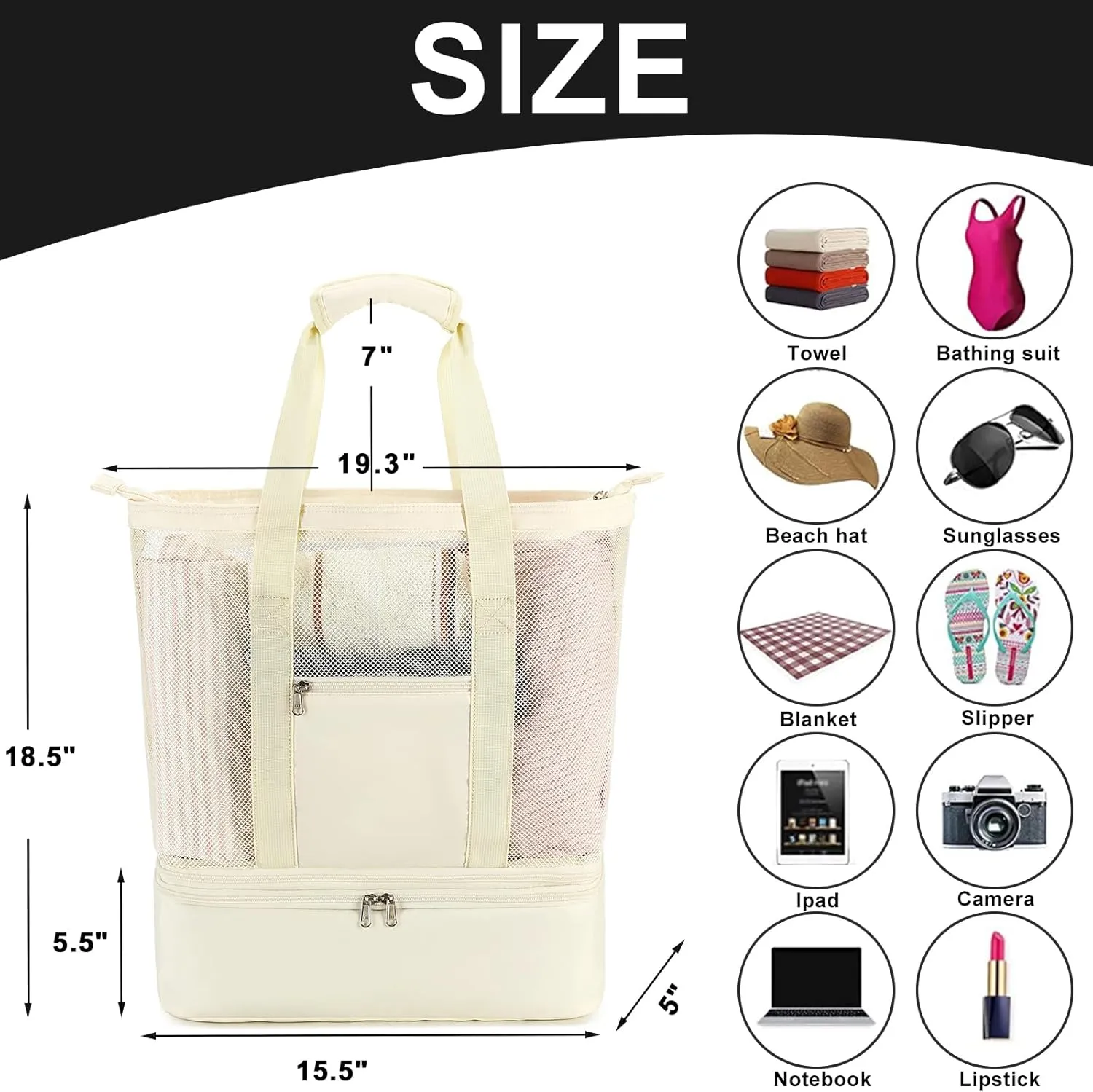 Bluboon Mesh Beach Tote Bag with Cooler Compartment Insulated Detachable Picnic Bag with Zipper and Pocket Pool Bag for Women