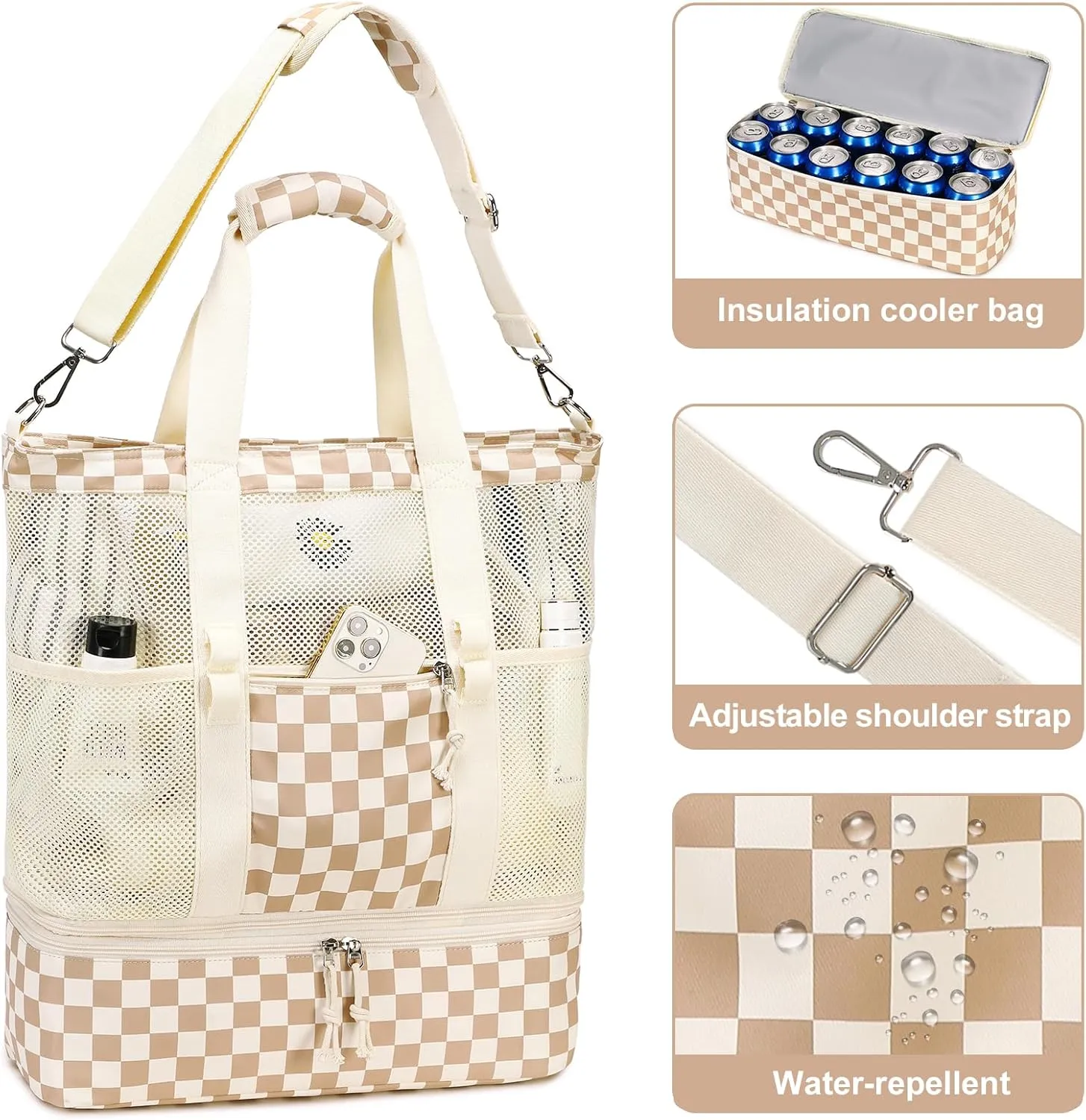 Bluboon Mesh Beach Tote Bag with Cooler Compartment Insulated Detachable Picnic Bag with Zipper and Pocket Pool Bag for Women