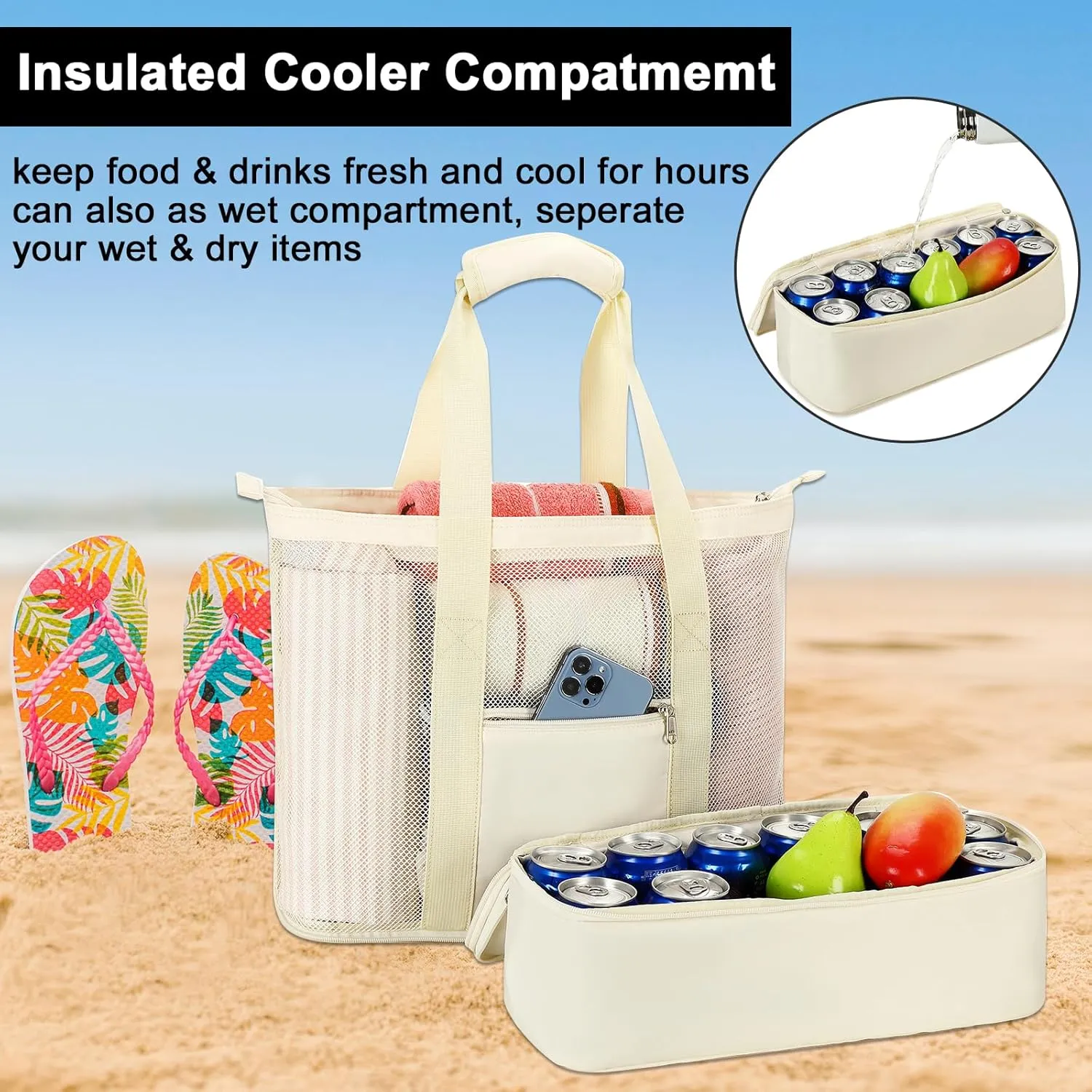 Bluboon Mesh Beach Tote Bag with Cooler Compartment Insulated Detachable Picnic Bag with Zipper and Pocket Pool Bag for Women