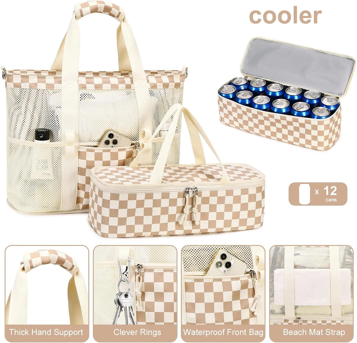 Bluboon Mesh Beach Tote Bag with Cooler Compartment Insulated Detachable Picnic Bag with Zipper and Pocket Pool Bag for Women