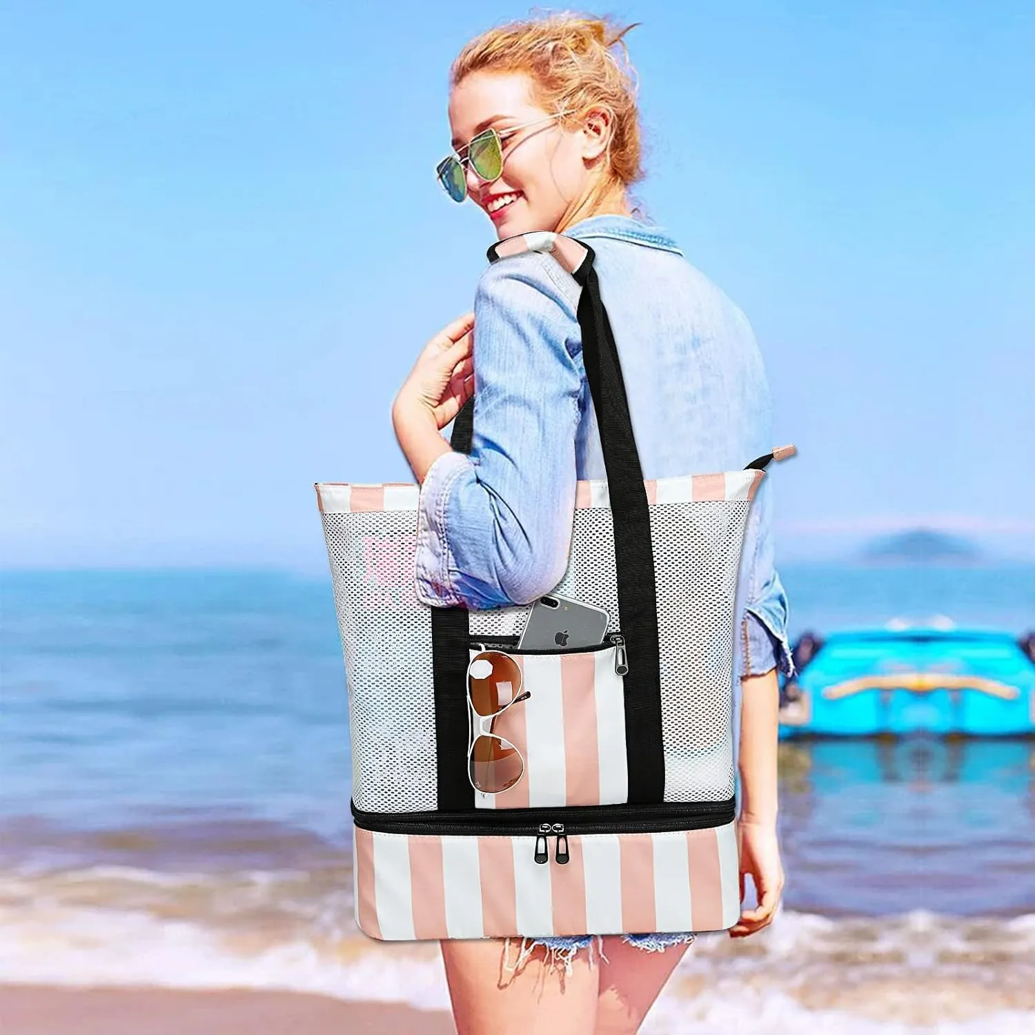 Bluboon Mesh Beach Tote Bag with Cooler Compartment Insulated Detachable Picnic Bag with Zipper and Pocket Pool Bag for Women