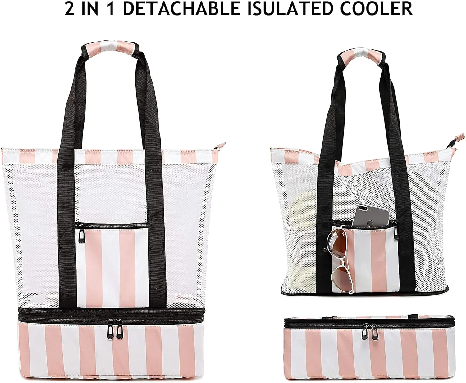 Bluboon Mesh Beach Tote Bag with Cooler Compartment Insulated Detachable Picnic Bag with Zipper and Pocket Pool Bag for Women