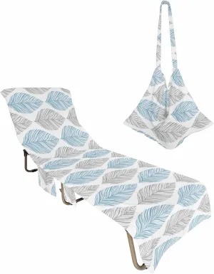 Blue Grey Leaves Chaise Lounge Cover - Beach Chair Towel, Summer Tropical Aesthetics Pool Lounger Chair Covers with Side Pocket, Towels Cover for Sunbathing Patio Hotel, 85 x 29 in