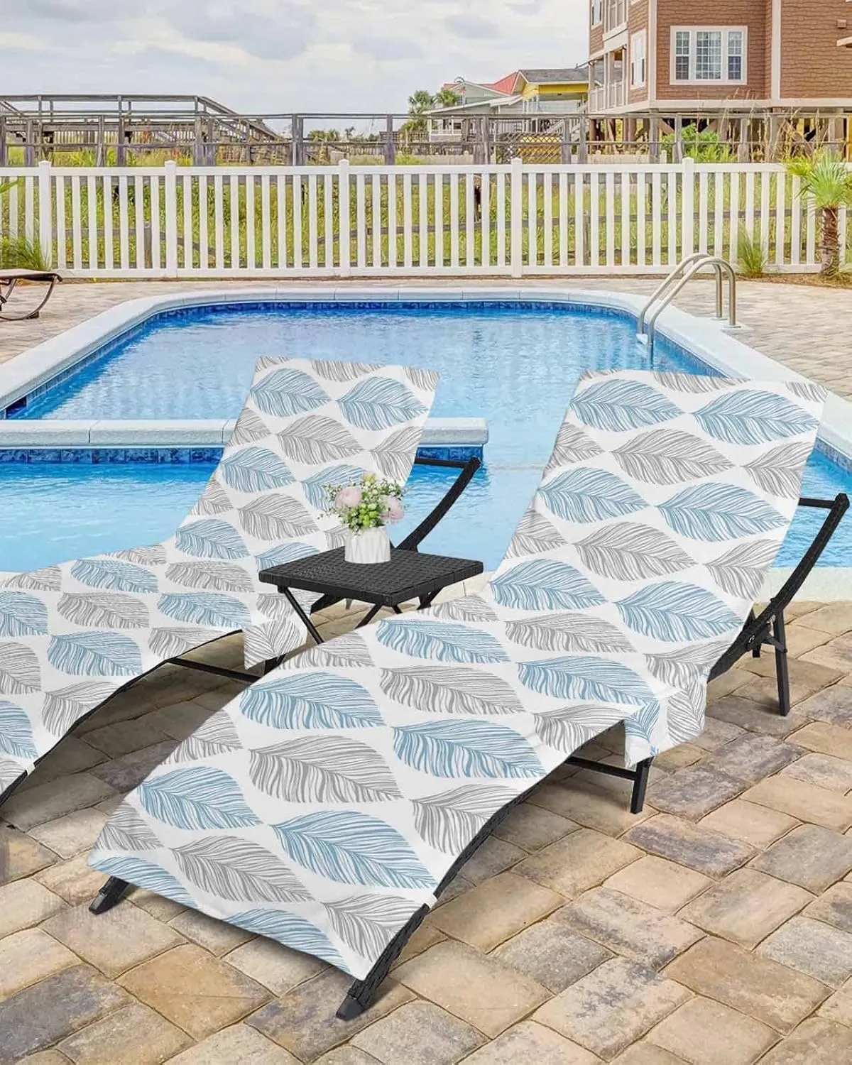 Blue Grey Leaves Chaise Lounge Cover - Beach Chair Towel, Summer Tropical Aesthetics Pool Lounger Chair Covers with Side Pocket, Towels Cover for Sunbathing Patio Hotel, 85 x 29 in