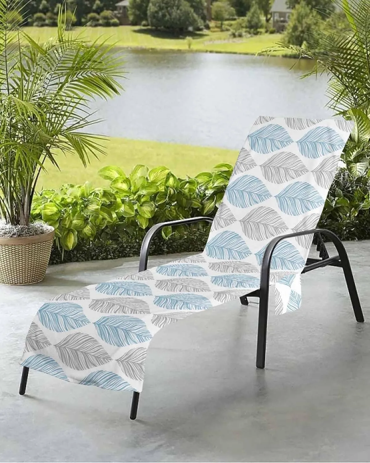 Blue Grey Leaves Chaise Lounge Cover - Beach Chair Towel, Summer Tropical Aesthetics Pool Lounger Chair Covers with Side Pocket, Towels Cover for Sunbathing Patio Hotel, 85 x 29 in