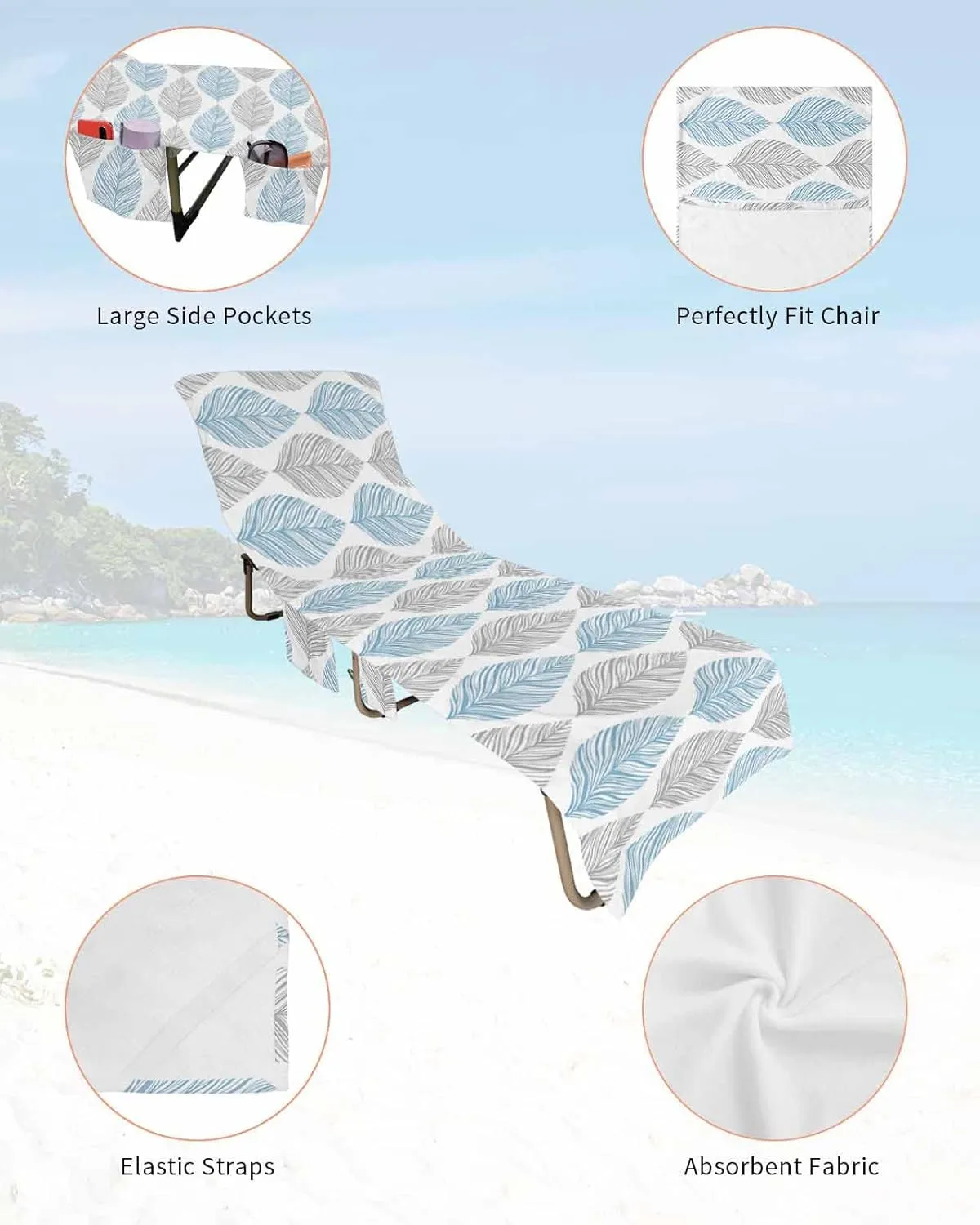 Blue Grey Leaves Chaise Lounge Cover - Beach Chair Towel, Summer Tropical Aesthetics Pool Lounger Chair Covers with Side Pocket, Towels Cover for Sunbathing Patio Hotel, 85 x 29 in