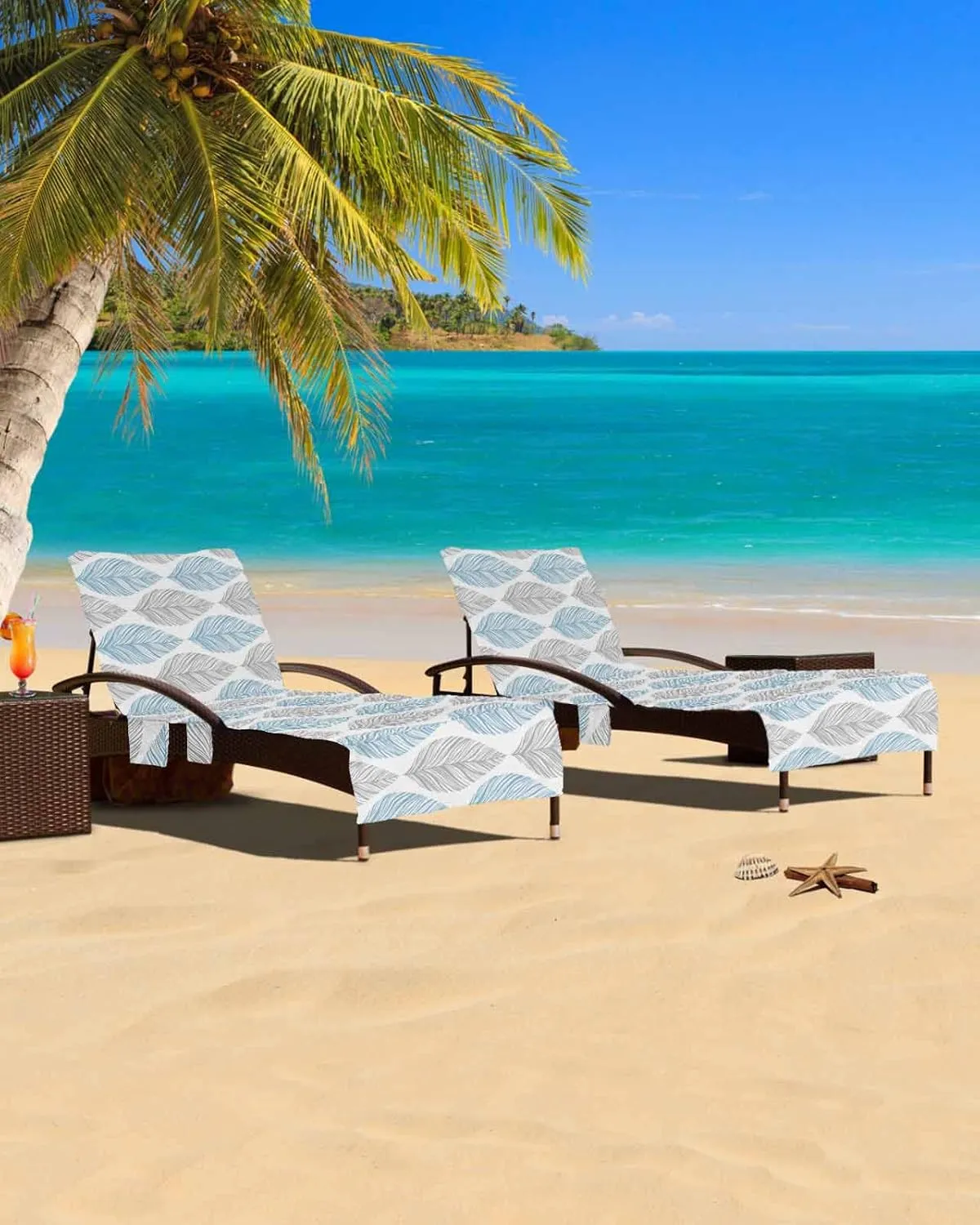 Blue Grey Leaves Chaise Lounge Cover - Beach Chair Towel, Summer Tropical Aesthetics Pool Lounger Chair Covers with Side Pocket, Towels Cover for Sunbathing Patio Hotel, 85 x 29 in
