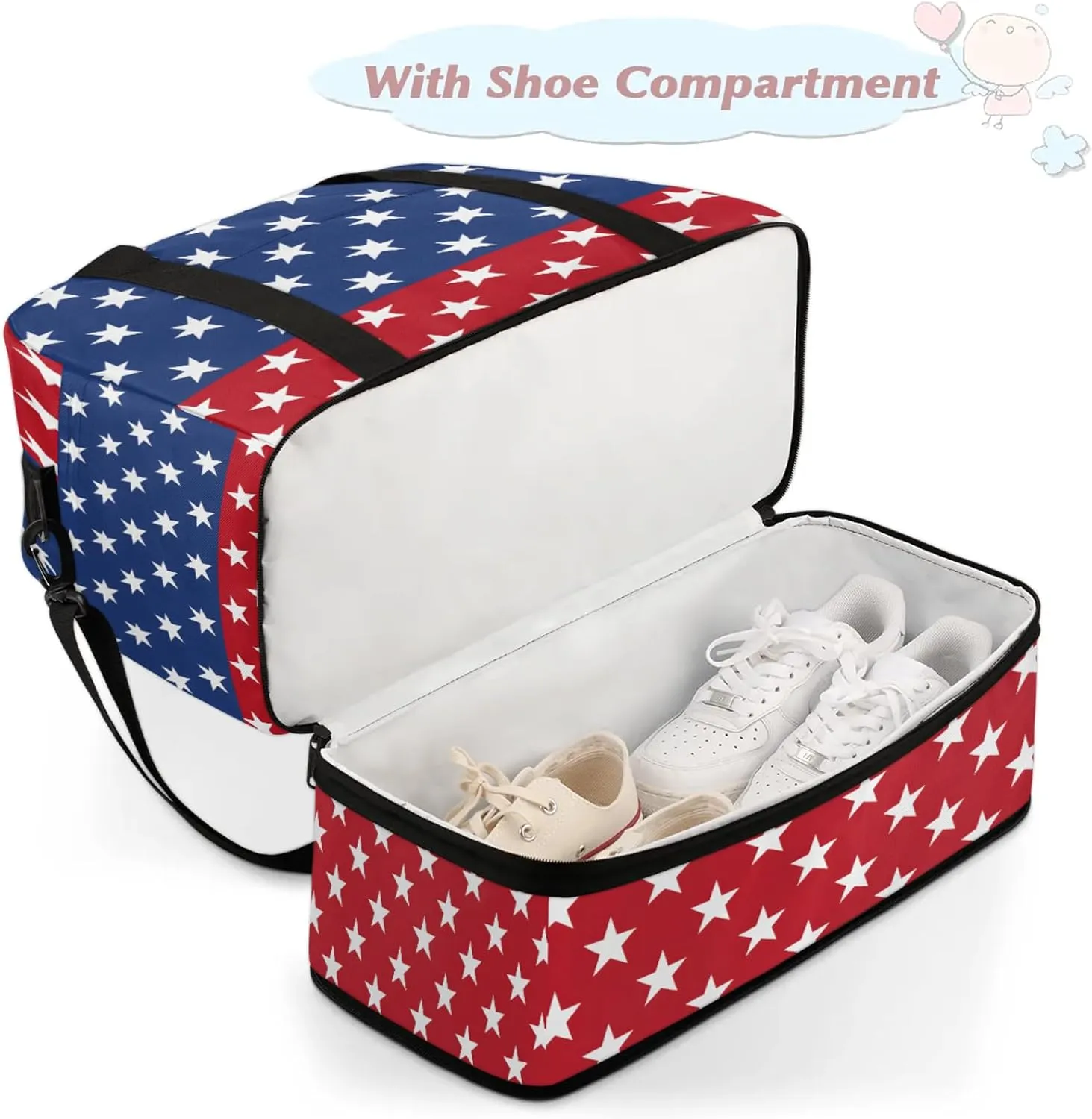 Blue Red Stars Travel Duffel Bags for Women & Men Large Sports Gym Bags Foldie Weekender Overnight Bag Carry On Tote Bag With Shoe Compartment Personal Item Bag for Travel Sports Gym
