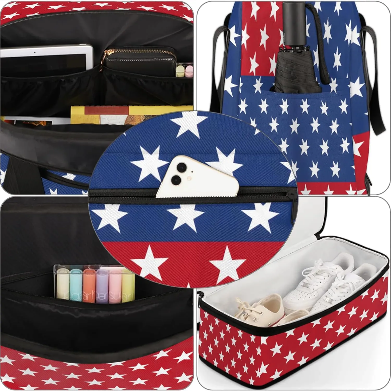 Blue Red Stars Travel Duffel Bags for Women & Men Large Sports Gym Bags Foldie Weekender Overnight Bag Carry On Tote Bag With Shoe Compartment Personal Item Bag for Travel Sports Gym