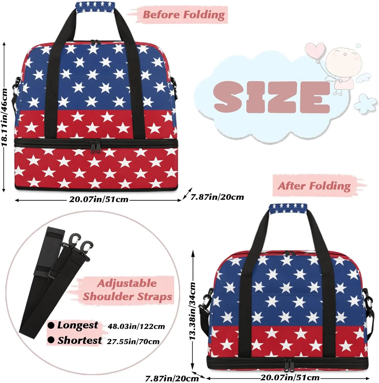 Blue Red Stars Travel Duffel Bags for Women & Men Large Sports Gym Bags Foldie Weekender Overnight Bag Carry On Tote Bag With Shoe Compartment Personal Item Bag for Travel Sports Gym