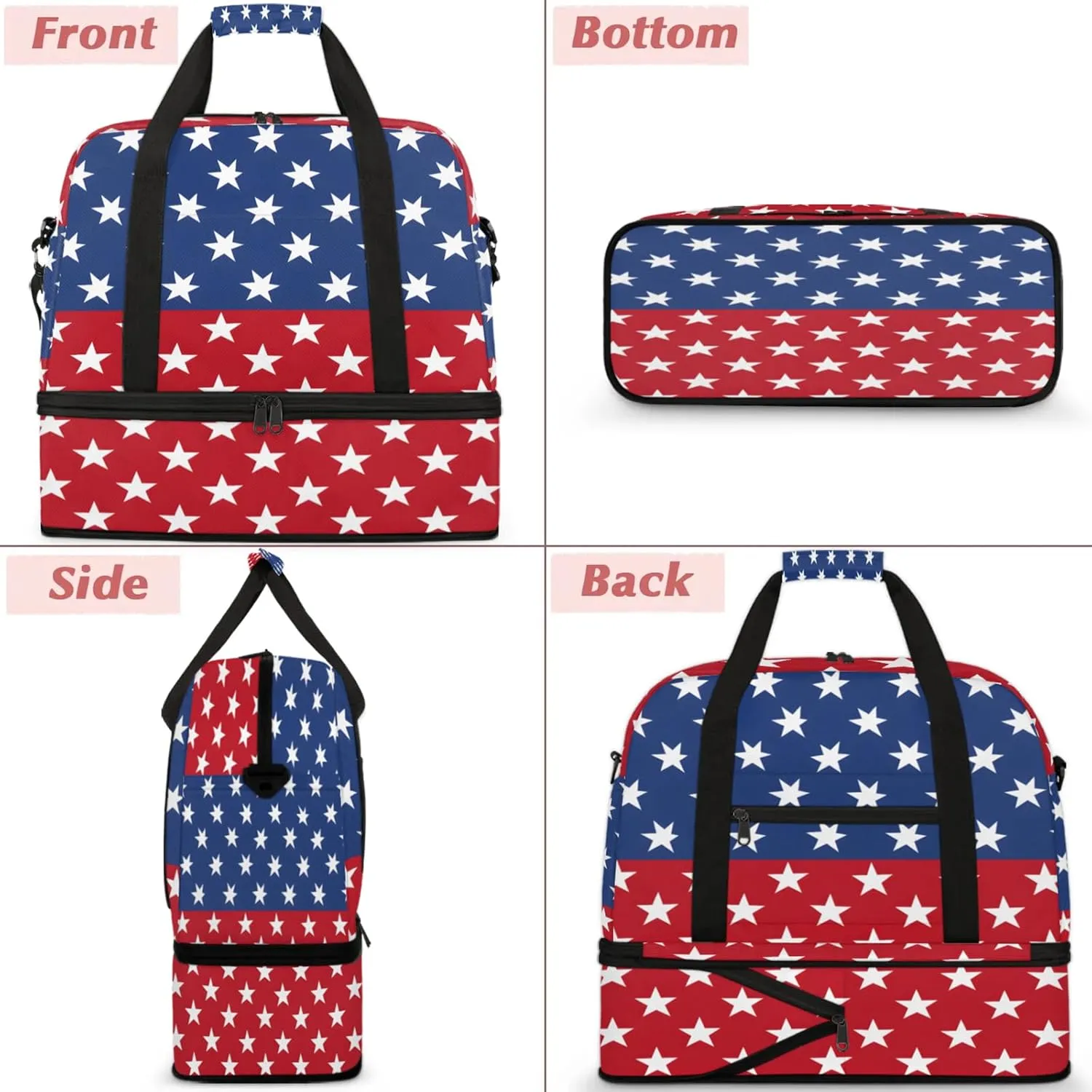 Blue Red Stars Travel Duffel Bags for Women & Men Large Sports Gym Bags Foldie Weekender Overnight Bag Carry On Tote Bag With Shoe Compartment Personal Item Bag for Travel Sports Gym
