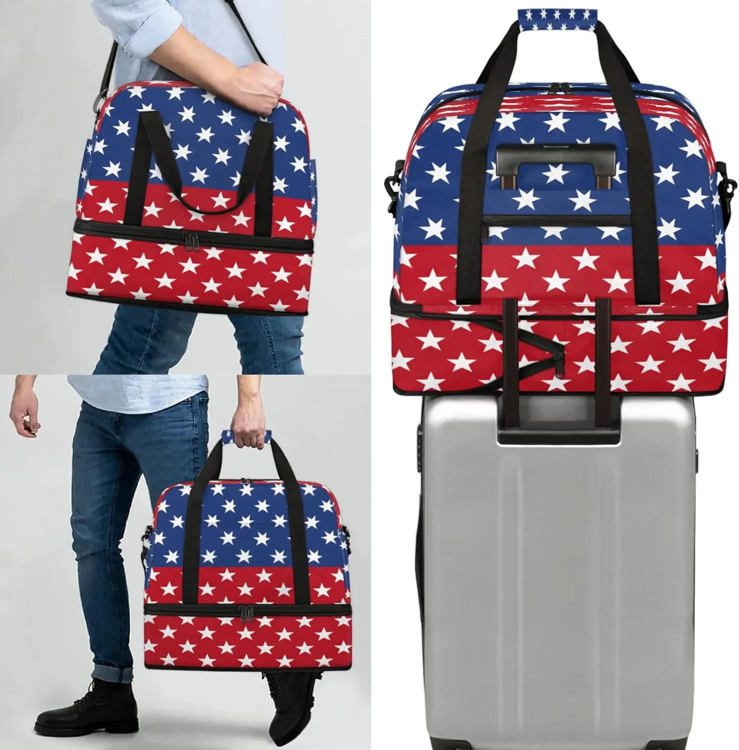 Blue Red Stars Travel Duffel Bags for Women & Men Large Sports Gym Bags Foldie Weekender Overnight Bag Carry On Tote Bag With Shoe Compartment Personal Item Bag for Travel Sports Gym