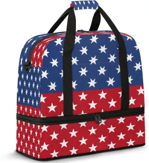 Blue Red Stars Travel Duffel Bags for Women & Men Large Sports Gym Bags Foldie Weekender Overnight Bag Carry On Tote Bag With Shoe Compartment Personal Item Bag for Travel Sports Gym
