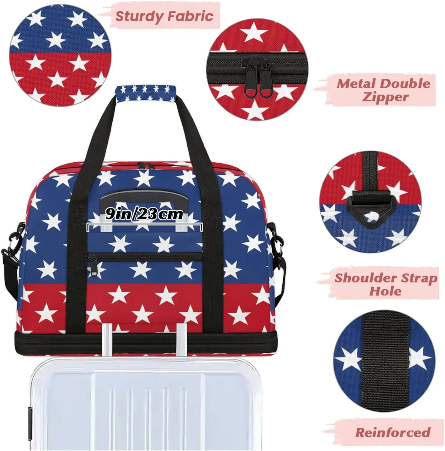 Blue Red Stars Travel Duffel Bags for Women & Men Large Sports Gym Bags Foldie Weekender Overnight Bag Carry On Tote Bag With Shoe Compartment Personal Item Bag for Travel Sports Gym