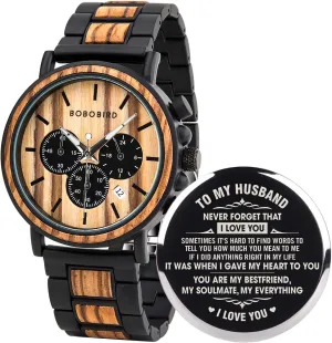 BOBO BIRD Mens Personalized Engraved Wooden Watches, Stylish Wood & Stainless Steel Combined Quartz Casual Wristwatches for Men Family Friends Customized Watch