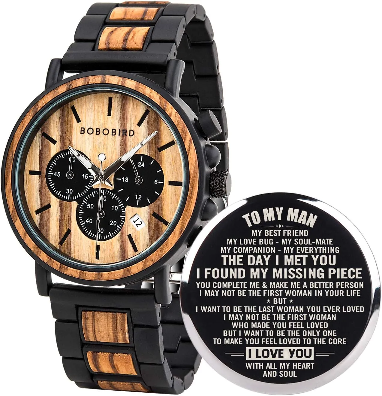 BOBO BIRD Mens Personalized Engraved Wooden Watches, Stylish Wood & Stainless Steel Combined Quartz Casual Wristwatches for Men Family Friends Customized Watch