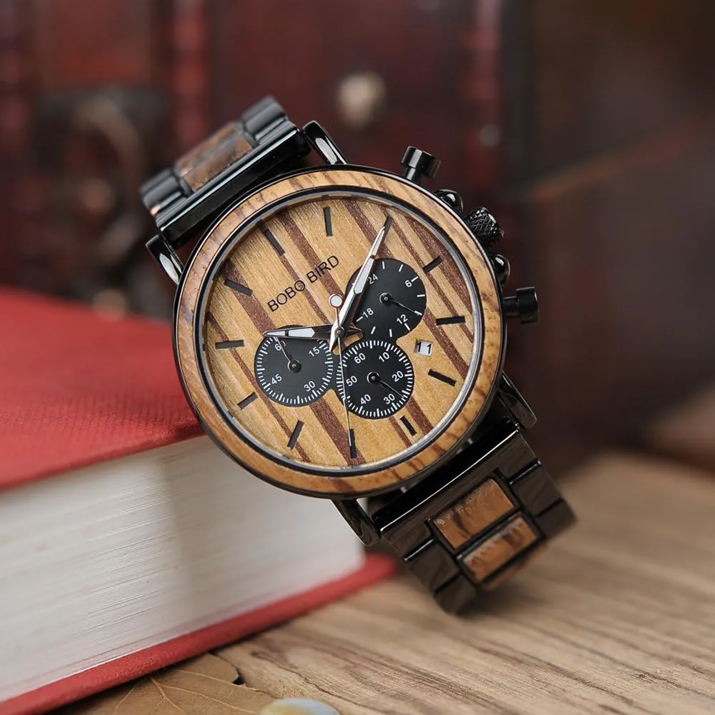 BOBO BIRD Mens Personalized Engraved Wooden Watches, Stylish Wood & Stainless Steel Combined Quartz Casual Wristwatches for Men Family Friends Customized Watch