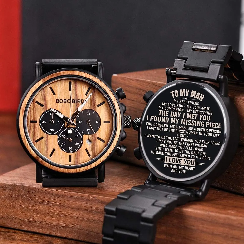 BOBO BIRD Mens Personalized Engraved Wooden Watches, Stylish Wood & Stainless Steel Combined Quartz Casual Wristwatches for Men Family Friends Customized Watch