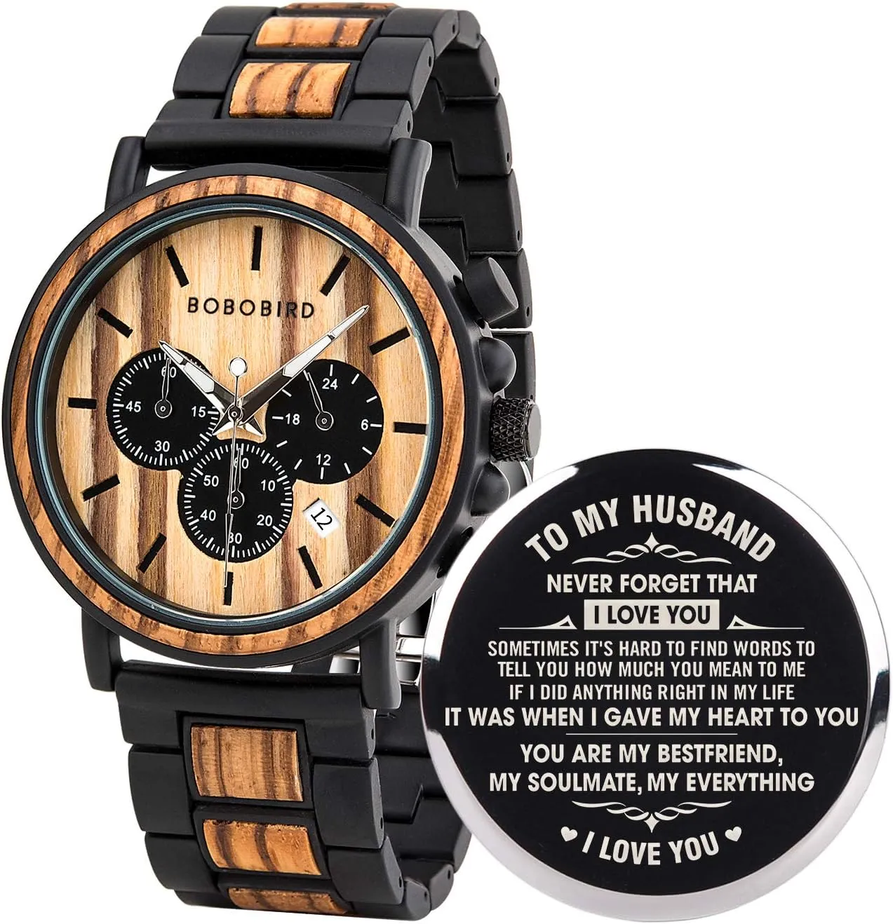 BOBO BIRD Mens Personalized Engraved Wooden Watches, Stylish Wood & Stainless Steel Combined Quartz Casual Wristwatches for Men Family Friends Customized Watch