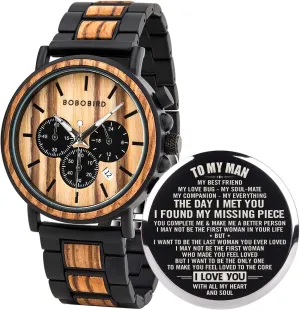 BOBO BIRD Mens Personalized Engraved Wooden Watches, Stylish Wood & Stainless Steel Combined Quartz Casual Wristwatches for Men Family Friends Customized Watch