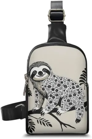 Bohemia Animal Fanny Packs for Women Cross Body Sling Daypack, Novelty Drawing Ethnic Sloth Belt Bag Zipper Crossbody Bags for Travel