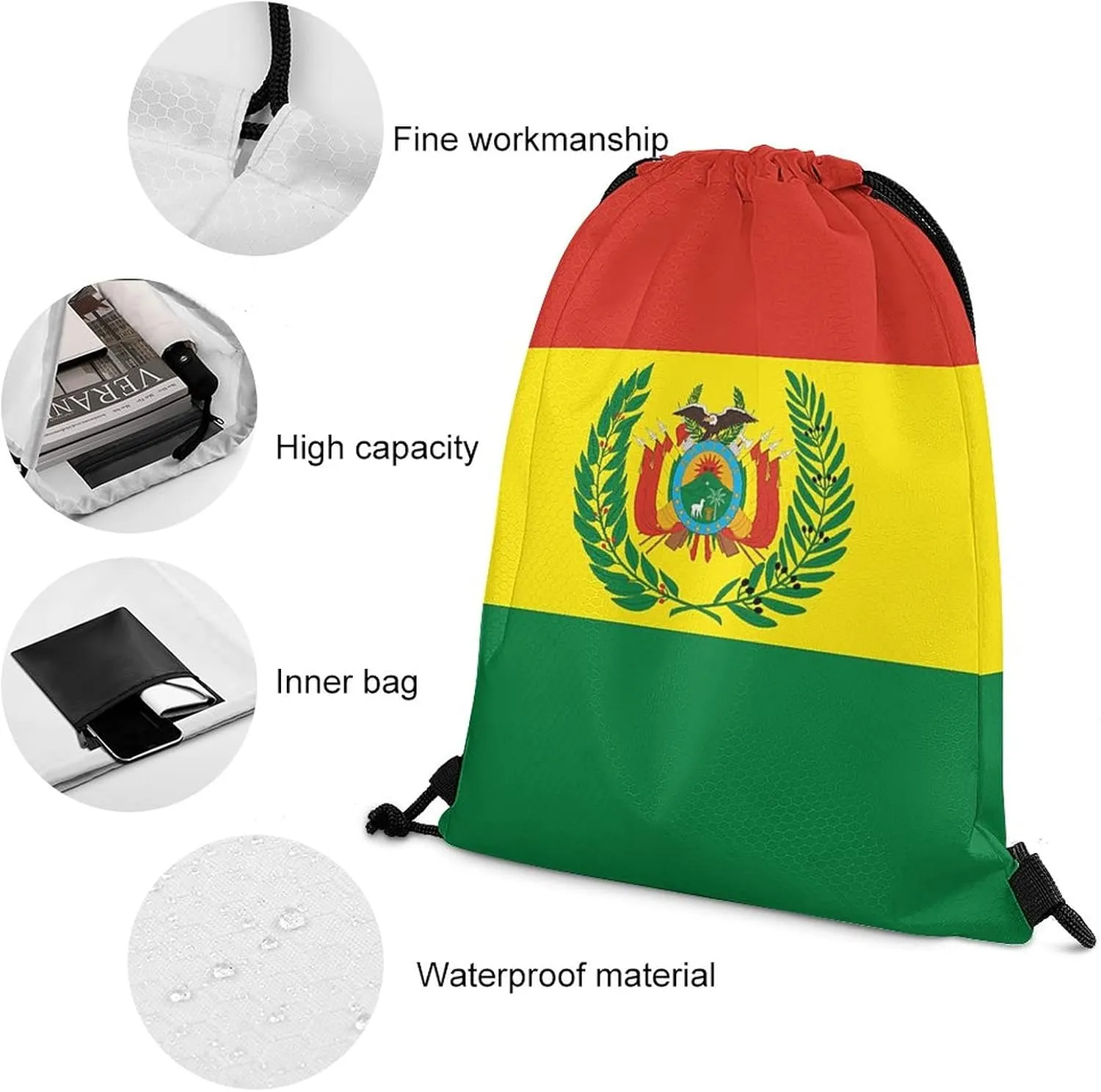 Bolivia Flag Drawstring Backpack Sports Gym Sackpack Water Resistant String Bag for Women Men