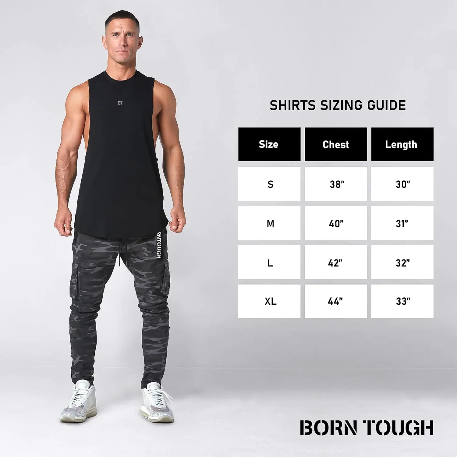 Born Tough Mens Oversized Workout Tank Top & Athletic Cutoff Gym Stringer Tank Top Vest for Training, Bodybuilding & Running