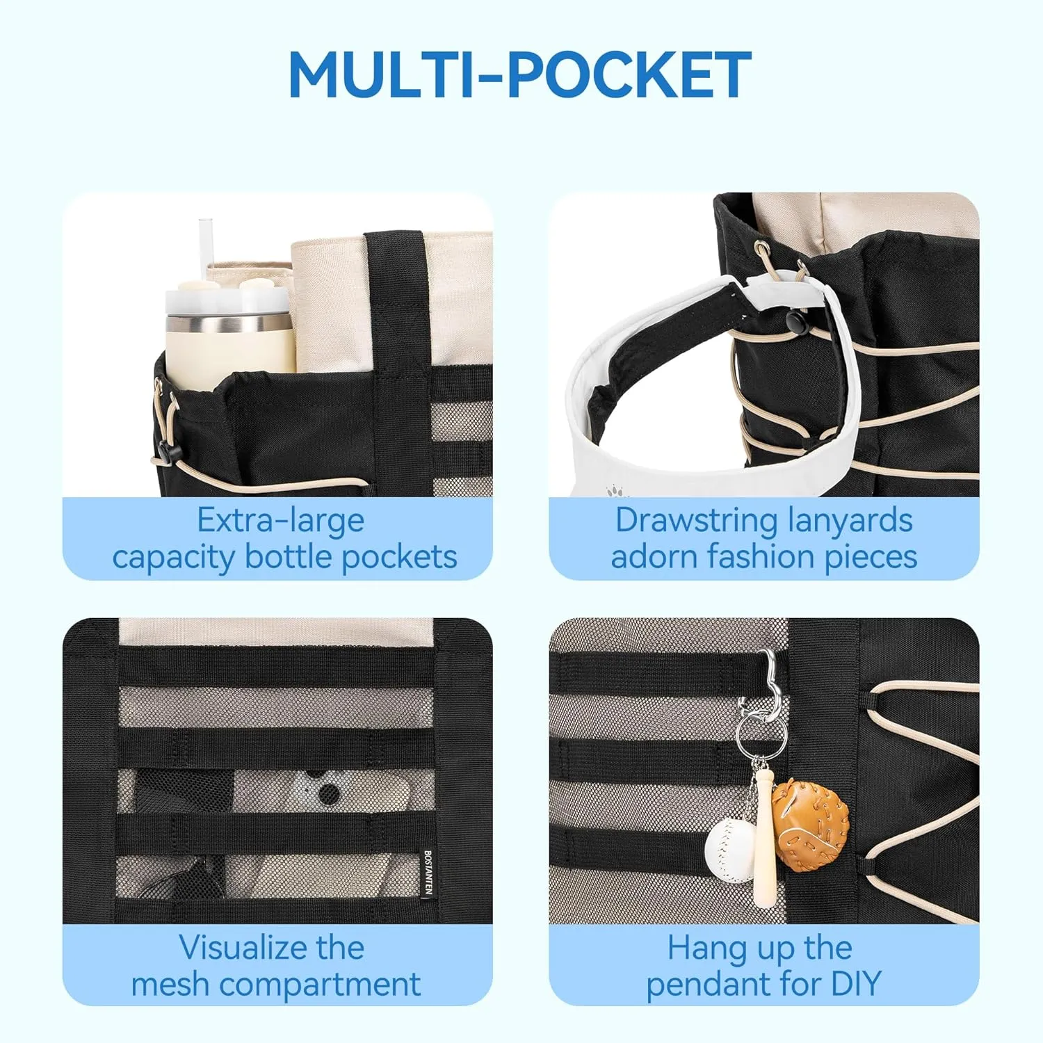 BOSTANTEN Travel Tote Bags for Women Foldable Beach Bag Waterproof Zipper Gym Sports Shopping Bag Trolley Sleeve