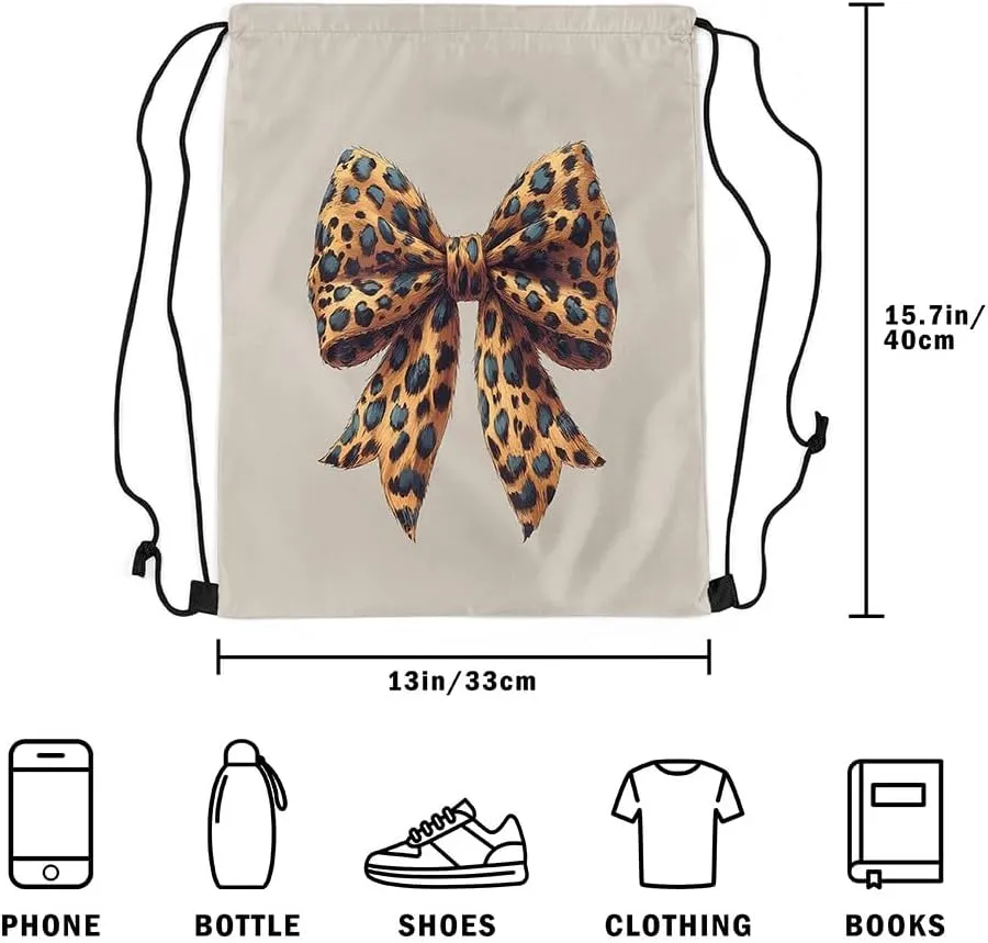 Bowknot Drawstring Backpack 13"X16" Bow Tie Butterfly Knot Water Resistant Beach Bag Leopard Print Princess String Bag for Gym Shopping Sport Yoga