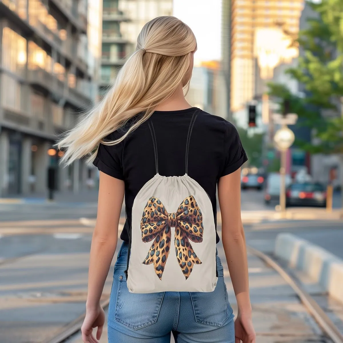 Bowknot Drawstring Backpack 13"X16" Bow Tie Butterfly Knot Water Resistant Beach Bag Leopard Print Princess String Bag for Gym Shopping Sport Yoga