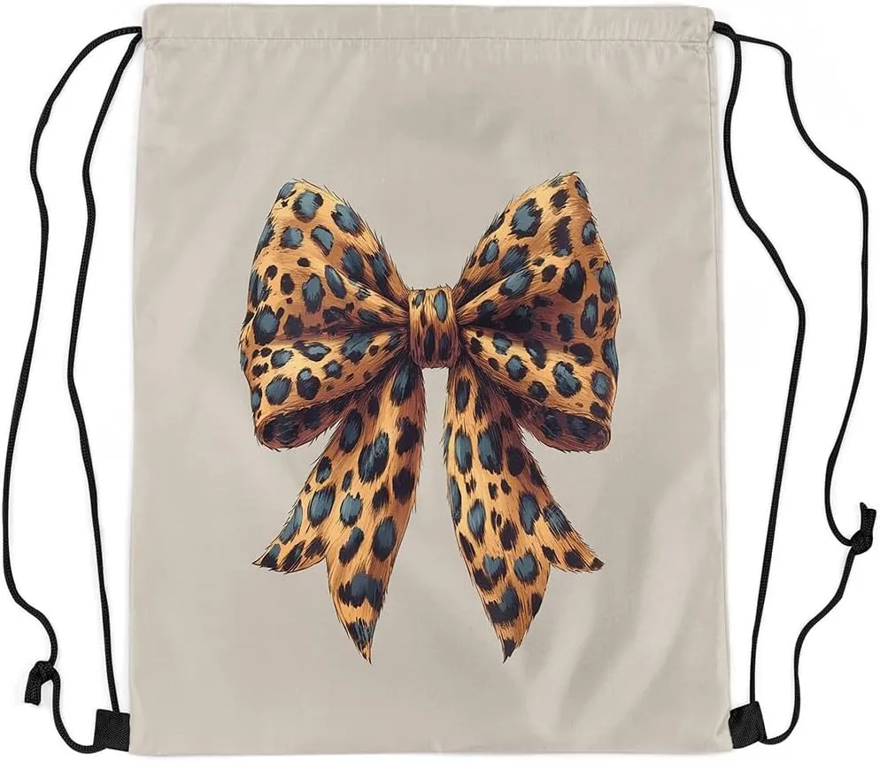 Bowknot Drawstring Backpack 13"X16" Bow Tie Butterfly Knot Water Resistant Beach Bag Leopard Print Princess String Bag for Gym Shopping Sport Yoga
