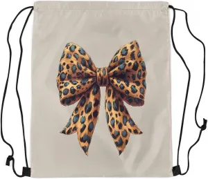 Bowknot Drawstring Backpack 13"X16" Bow Tie Butterfly Knot Water Resistant Beach Bag Leopard Print Princess String Bag for Gym Shopping Sport Yoga