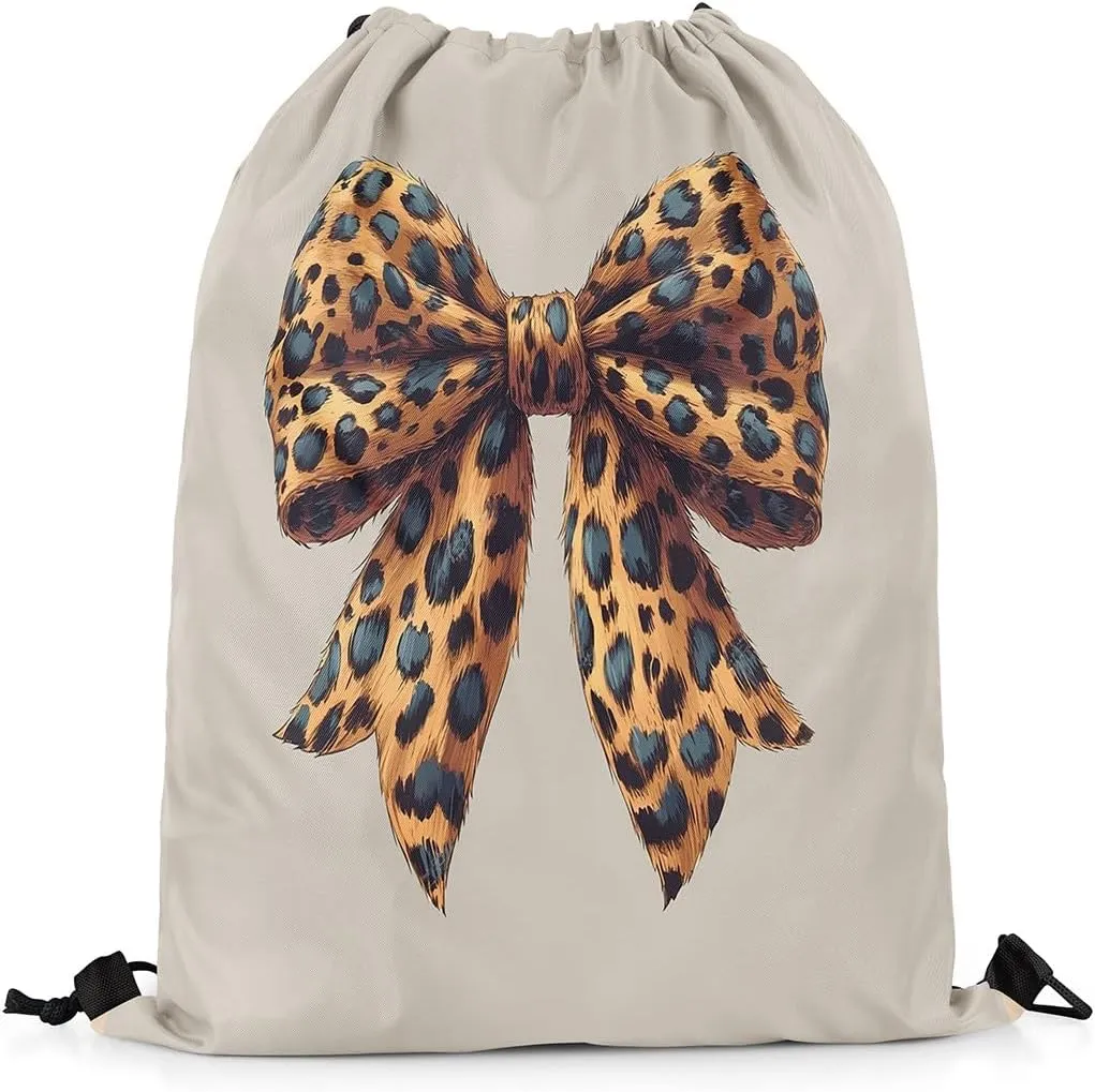 Bowknot Drawstring Backpack 13"X16" Bow Tie Butterfly Knot Water Resistant Beach Bag Leopard Print Princess String Bag for Gym Shopping Sport Yoga