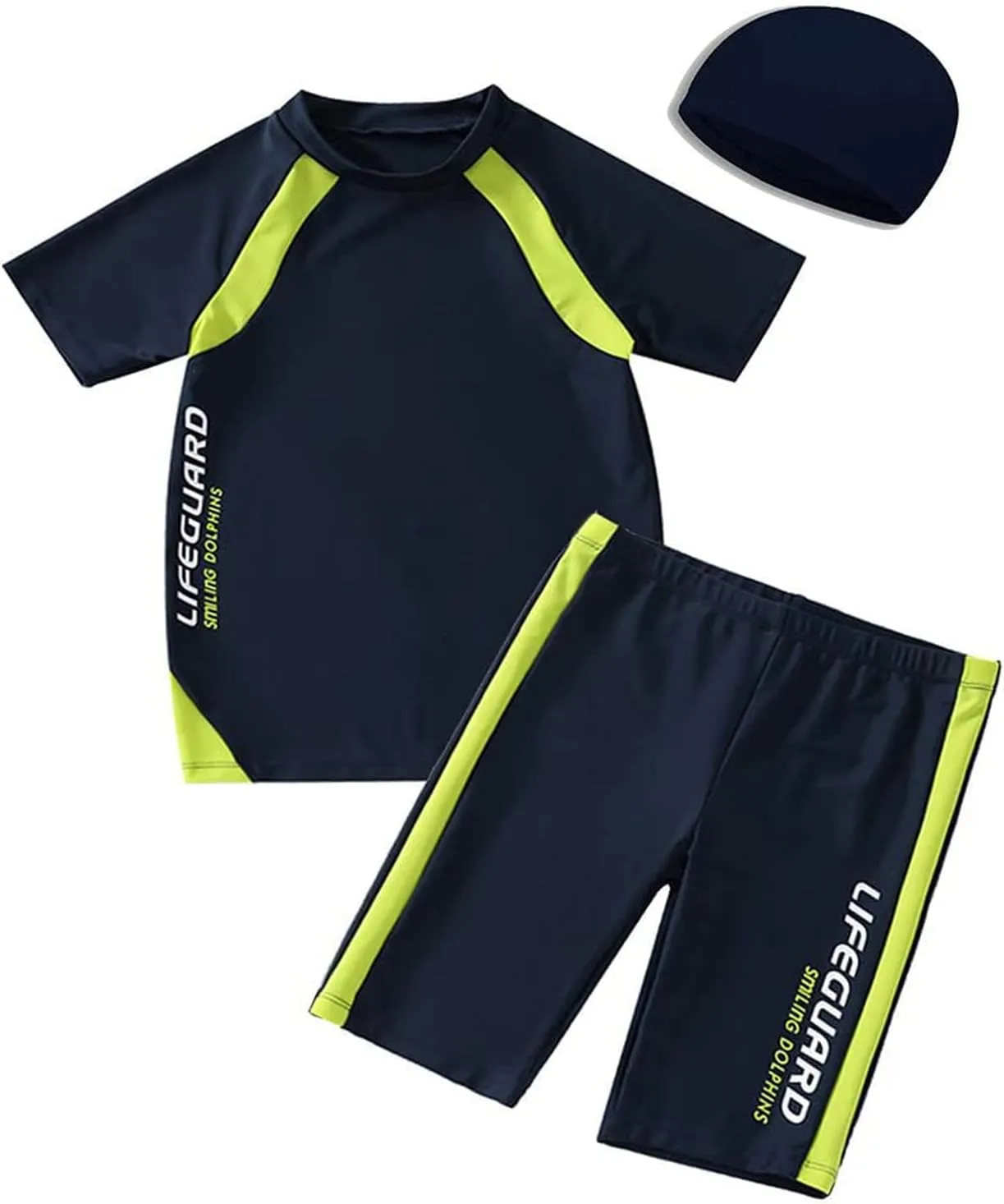 Boys Swimsuits Short Sleeve UPF 50  Sun Protection Rash Guard with Hat 2 Piece Kids Bathing Suit 4-14 Years