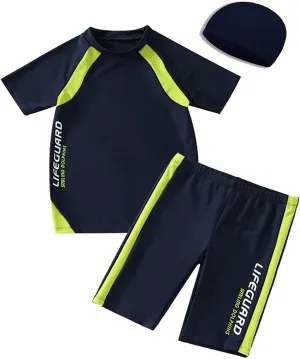 Boys Swimsuits Short Sleeve UPF 50  Sun Protection Rash Guard with Hat 2 Piece Kids Bathing Suit 4-14 Years